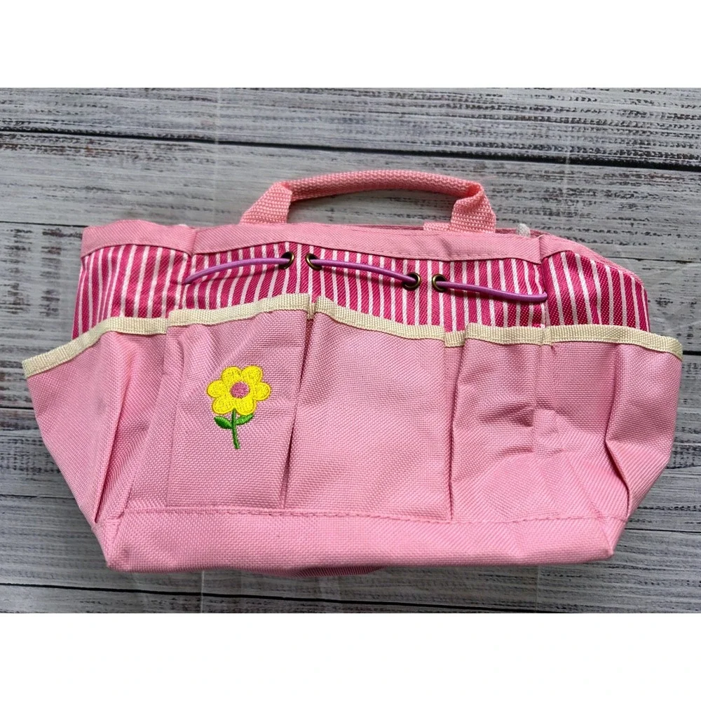 Garden Tote Bag Embroidered Flowers Pink Multi Pockets Tool Organizer